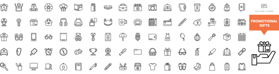 A collection of promotional gift icons in a minimalist outline style.