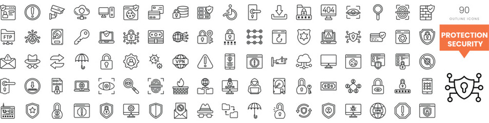Collection of 90 outline icons representing protection and security concepts.