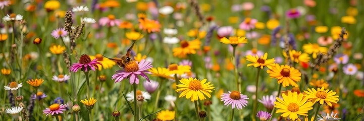 Field of vibrant blooming wildflowers attracting pollinators bees butterflies sustainable agriculture, ecosystem, flora and fauna