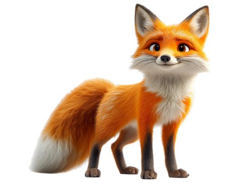 A cheerful fox with a bushy tail isolated on white background. Suitable for marketing or business purposes. PNG file