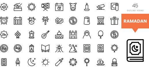 A collection of 45 Ramadan-themed outline icons featuring various cultural symbols.