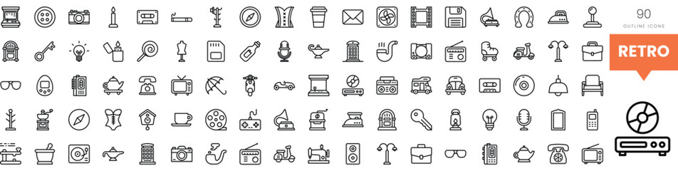 A collection of retro-themed outline icons representing various objects and concepts.