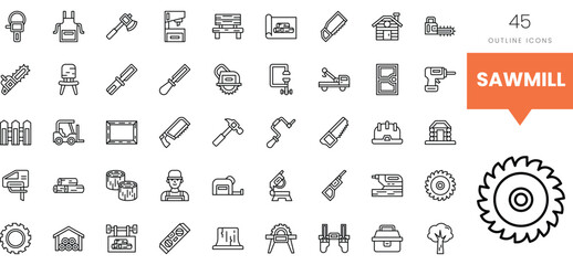 Collection of 45 sawmill-related outline icons for woodworking design.