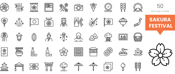 Collection of outlined icons representing Japanese culture and the Sakura Festival.