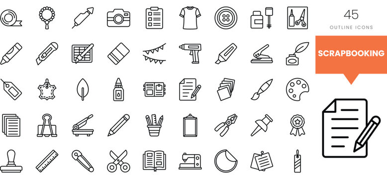A diverse collection of scrapbooking icons in a minimalist outline style.