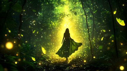 Fototapeta premium Woman walking mystical forest path, glowing leaves, magical background; fantasy, spirituality, nature