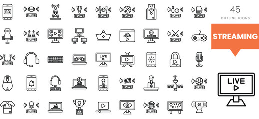 A collection of 45 outline icons representing digital streaming concepts.