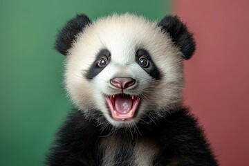 Obraz premium Portrait of a happy panda on a pink background, playful and charming wildlife depiction