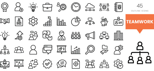 Collection of teamwork outline icons for business and collaboration concepts.