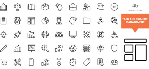 Set of 45 outline icons for effective task and project management.