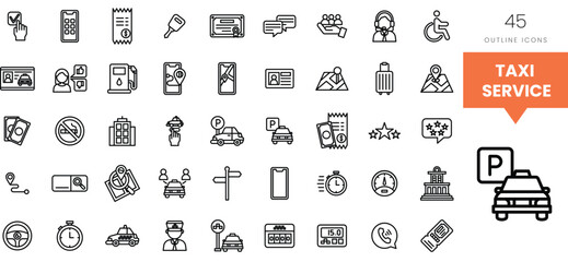 Collection of outlined icons representing various taxi service elements.