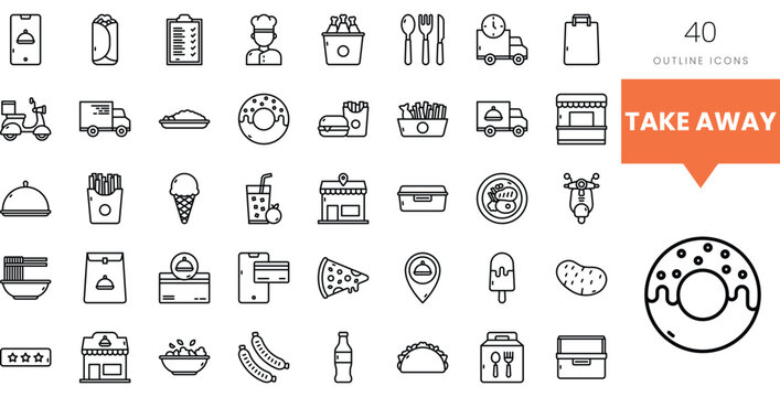 A collection of outline icons representing takeaway food options and dining essentials.