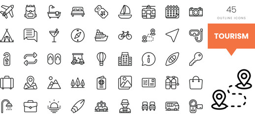 A diverse collection of tourism-themed outline icons, showcasing travel elements.