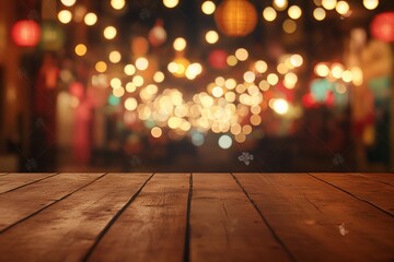 Wooden table with blurred festive lights background.