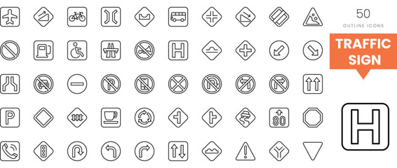 Collection of various traffic signs in outline style, suitable for transportation graphics.
