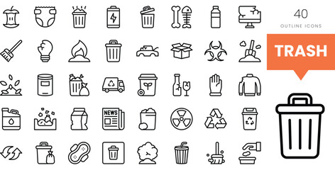 A collection of 40 outline icons representing various trash and recycling symbols.