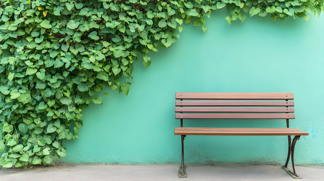 Wooden bench against green wall with climbing plants; peaceful park scene, ideal for relaxation or travel blogs