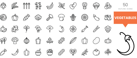 A collection of 50 outline icons representing various vegetables in a monochrome design.