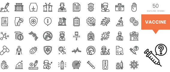A diverse collection of vaccination-themed outline icons representing health and safety.
