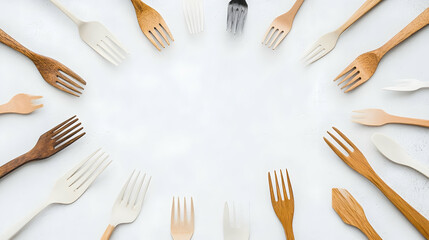 Wooden forks arranged in a circle on a white background, copy space for text, perfect for food blogs or restaurant menus