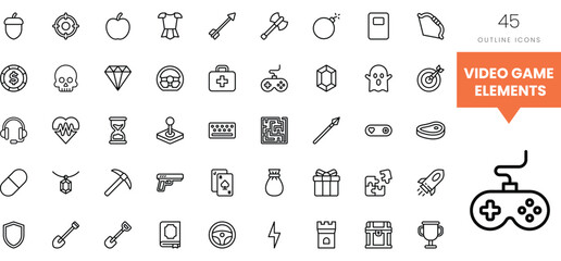 Collection of minimalist outline icons representing various video game elements.