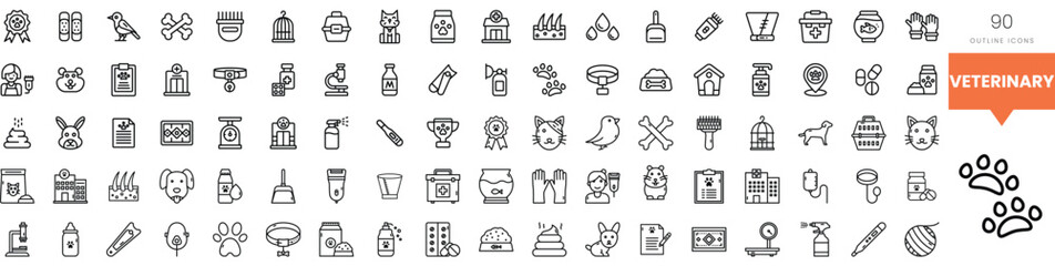 A collection of veterinary-themed outline icons showcasing various pet care elements.