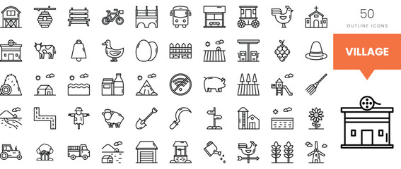A collection of village-themed outline icons showcasing rural life and activities.