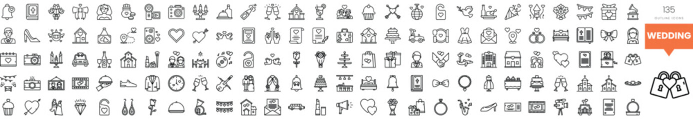 A collection of wedding-themed icons showcasing love, celebration, and traditions.