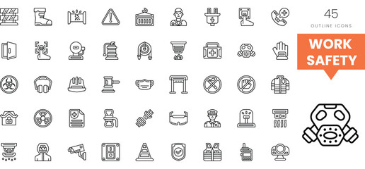 Collection of work safety icon outlines illustrating essential safety measures.