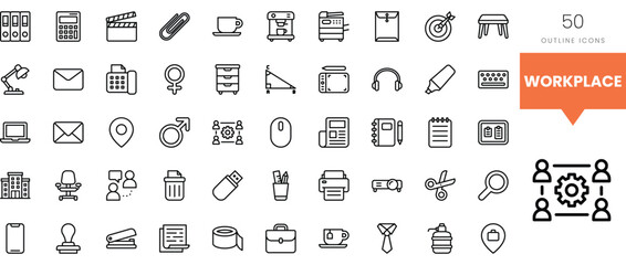 A collection of 50 outline icons representing various workplace elements.