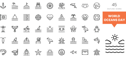 Collection of ocean-themed outline icons for World Oceans Day celebration.