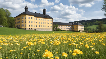 Yellow castle spring meadow landscape, sunny day, tourism