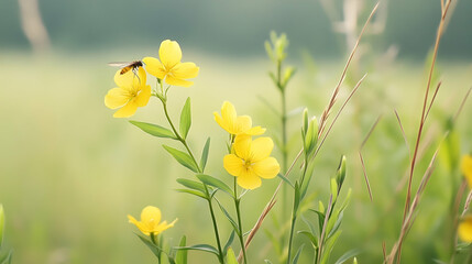 Fototapeta premium Yellow wildflowers in a field, insect landing, soft-focus background; nature photography for websites or publications