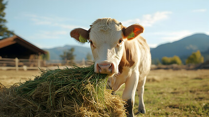 Young cow eating hay in a mountain pasture, farm buildings in background; idyllic rural scene, perfect for agriculture or livestock publications
