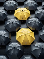 Yellow umbrella in a sea of black umbrellas, representing the power of standing out, embracing uniqueness, and the importance of individuality and bold creativity in a uniform environment




