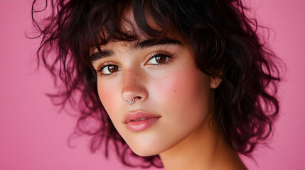 Young woman, pink background, natural makeup, headshot, beauty portrait