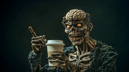 Obraz premium Zombie holding coffee, pointing, dark background, Halloween concept, stock photo