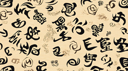 Naklejka premium Abstract Beige Wood Texture with Black Calligraphic Symbols Seamless Pattern, Ideal for Backgrounds