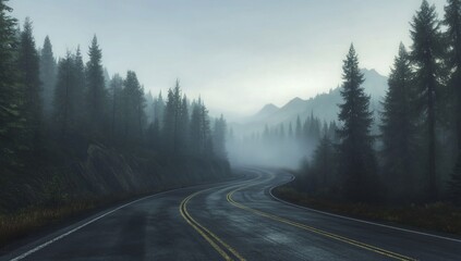 Fototapeta premium Winding road through misty mountain forest.