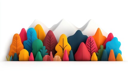 Colorful 3D Illustrations of Trees and Mountains in a Vibrant Nature Scene Perfect for Backgrounds, Wallpapers, or Creative Projects Featuring Abstract Art and Playful Design