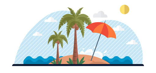 Palm trees stand on a small sandy island with a red beach umbrella, surrounded by waves and a sunny sky with clouds. Ideal for vacation, relaxation, summer, tropical themes, travel advertising. Flat