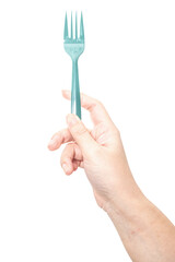 Female hand holding a green plastic fork isolated on white background.