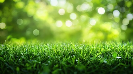 Naklejka premium Close-up of lush green grass, blurred green background. Perfect for spring, nature, or environmental themes, evokes freshness and growth.