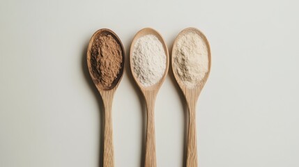 Three wooden spoons with different powders cocoa, flour, and another type of flour.