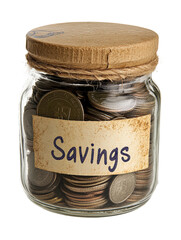 Savings jar filled with coins on a wooden surface highlighting personal finance management isolated on transparent background