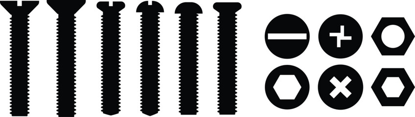 Nuts , screws, rivets, and bolts con set. Equipment stainless, fasteners, metal fixation gear black line and flat vector collection isolated on transparent background. Building tools construction sign