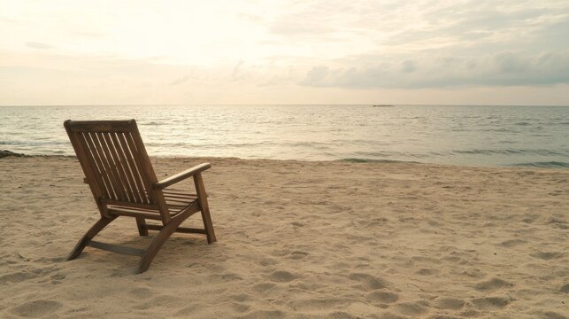 Wooden chair on sandy beach at sunset, ocean view.