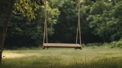 Wooden swing hanging from tree in lush green field.