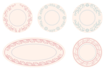 Set of ethnic dishes and plates, interior decoration, table setting. Background plates on wall. Isolated dish top view, menu designs ethnic plates. Porcelain crockery with abstract floral ornament