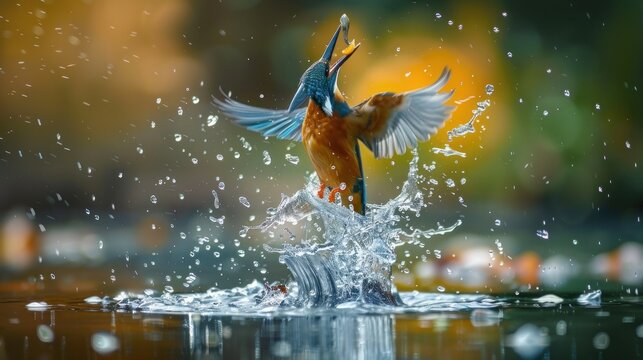 Kingfisher emerges from the water after unsuccessfully diving to retrieve fish, AI generated image